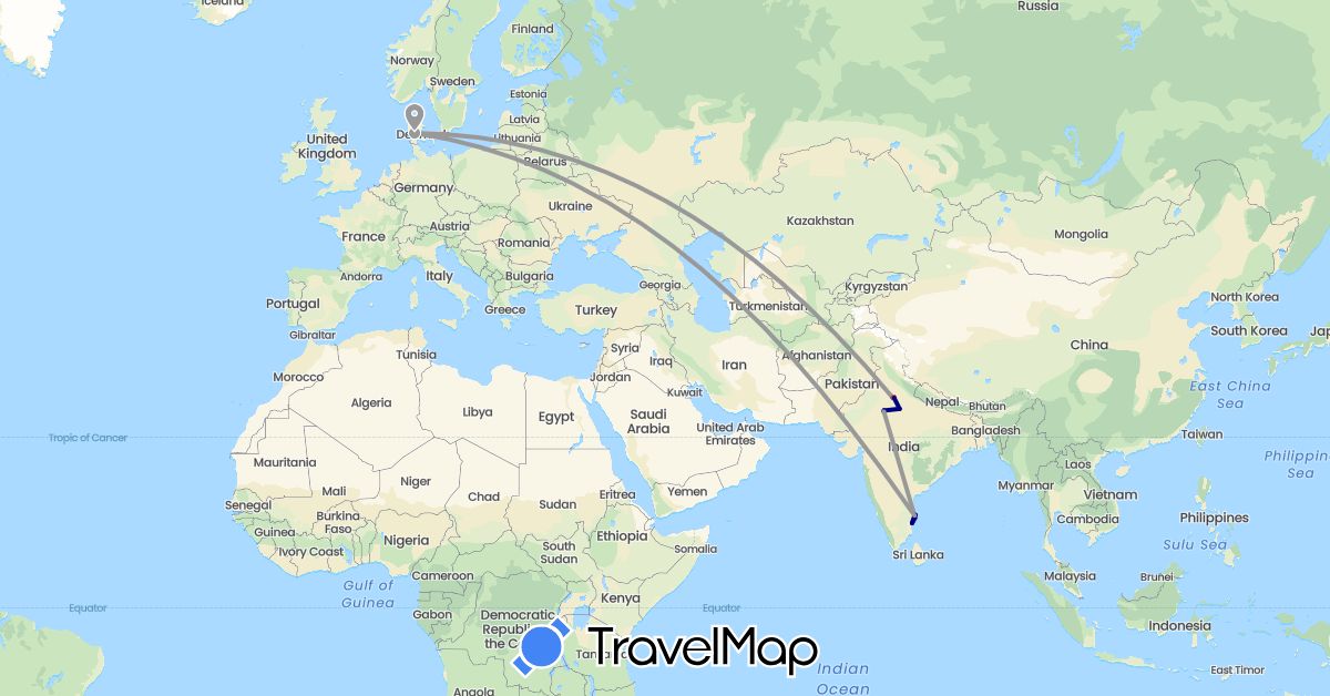 TravelMap itinerary: driving, plane, hiking in Denmark, India (Asia, Europe)